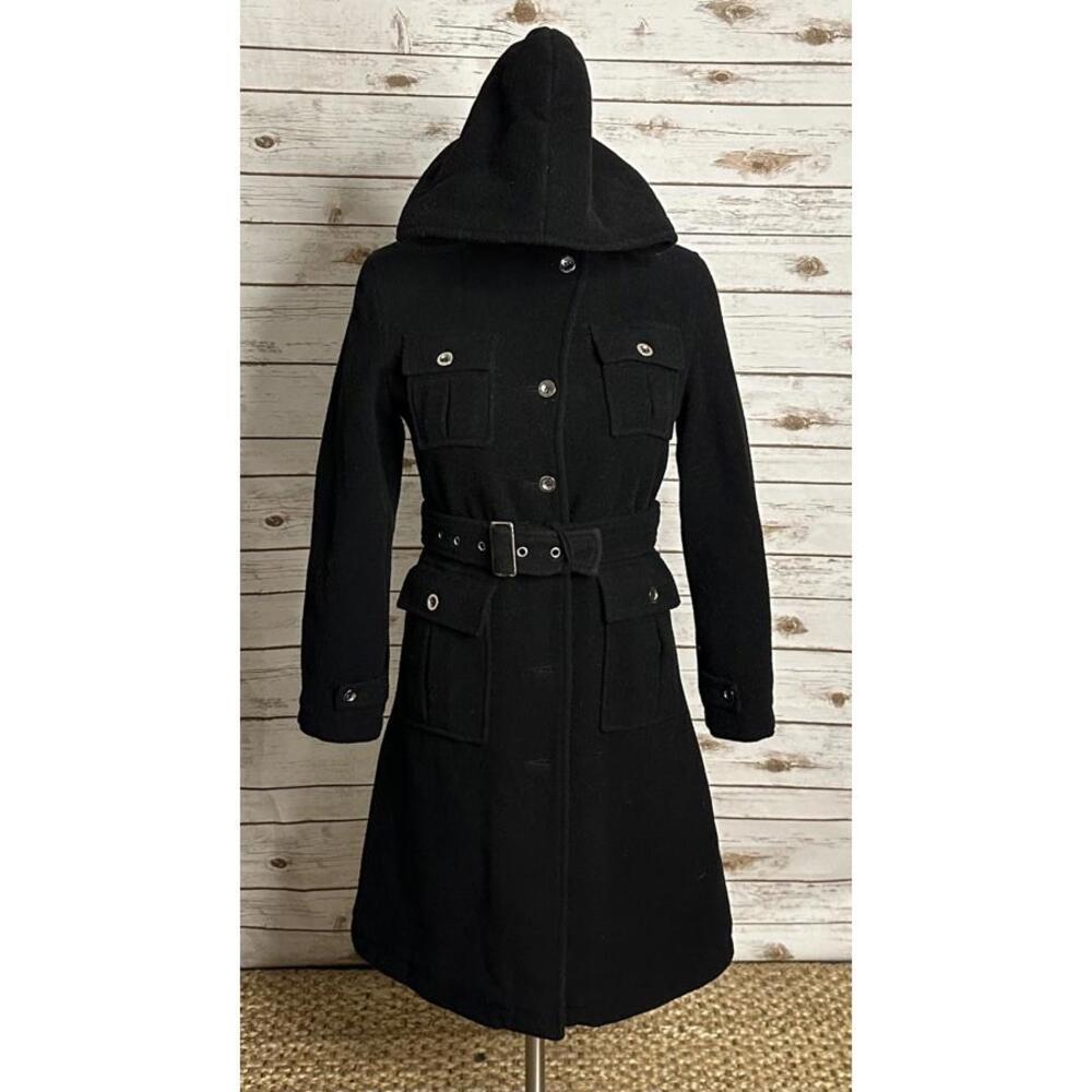 London Fog classic witchcore gothic black wool hooded belted overcoat Size 12